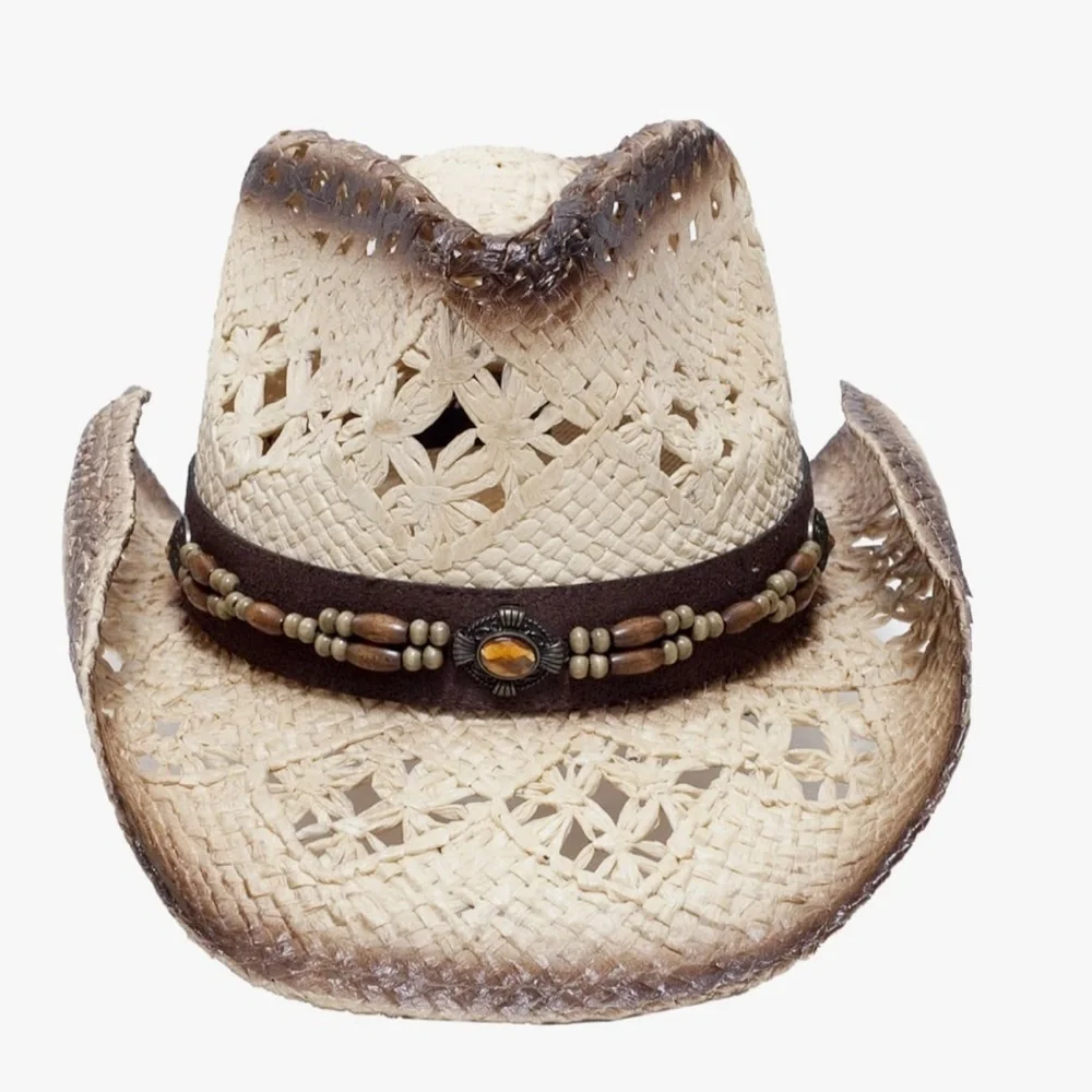 Cowboy cowgirl Cream white with Brown Straw Cowboy Hat with embellished …